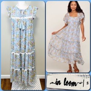 IN LOOM by PinkBlush Light Blue Floral Chiffon Tiered Midi Dress - SMALL